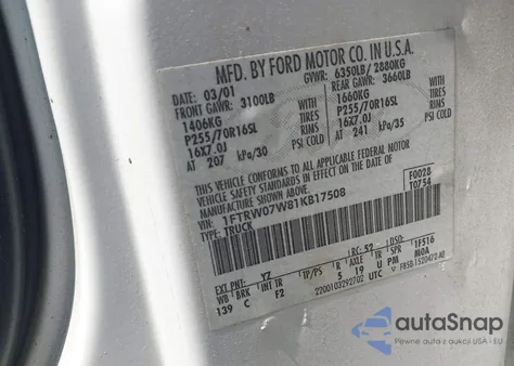 2001 Ford F150 Harley-Davidson Edition/King Ranch Edition/Lariat/Xlt из США, поврежденный, VIN 1FTRW07W81KB17508